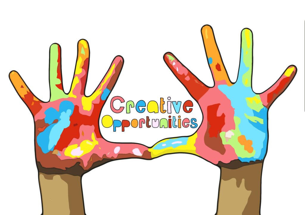 Creative Opportunities CIC's logo: two hands painted in multiple colours, facing outwards